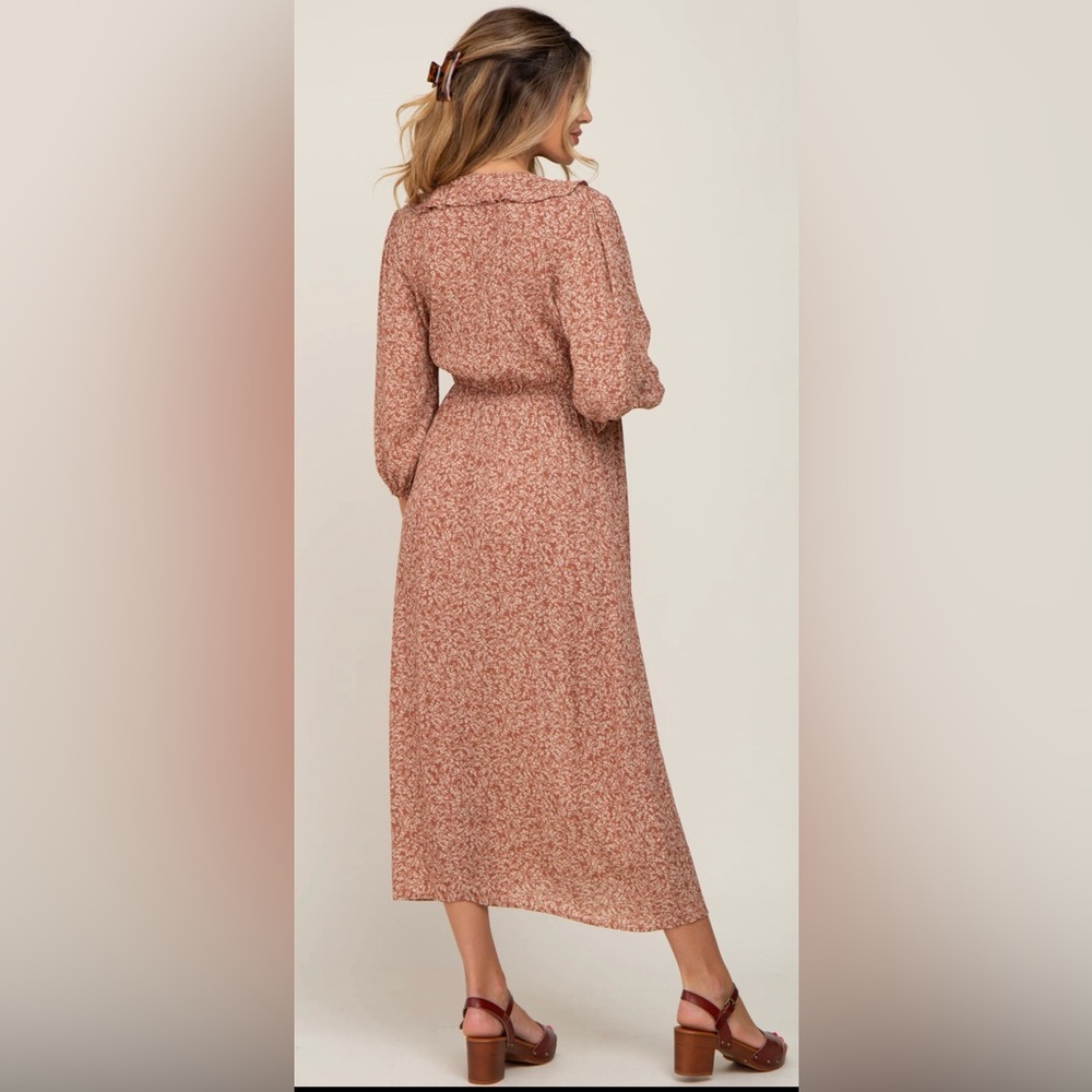 Pink Blush Rust Floral Ruffle V-Neck Maternity Midi Dress Size Medium - Picture 3 of 5